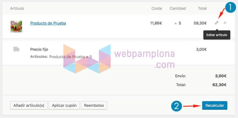 Modificar el pedido, por ejemplo las unidades, aplicar un cupón o hacer un reembolso